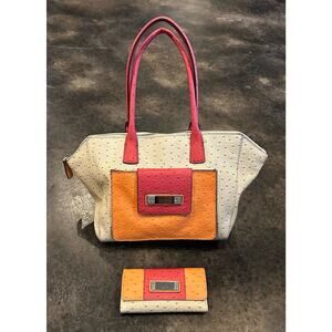 Guess Handbag, Shoulder Bag Faux Leather Ostrich Bone/Pink Orange With Wallet
